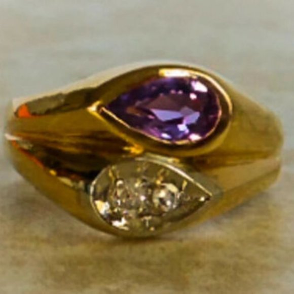 Vintage 14K Gold Sapphire & Diamond Ring Band Statement Cocktail Sz 9 - Picture 2 of 11